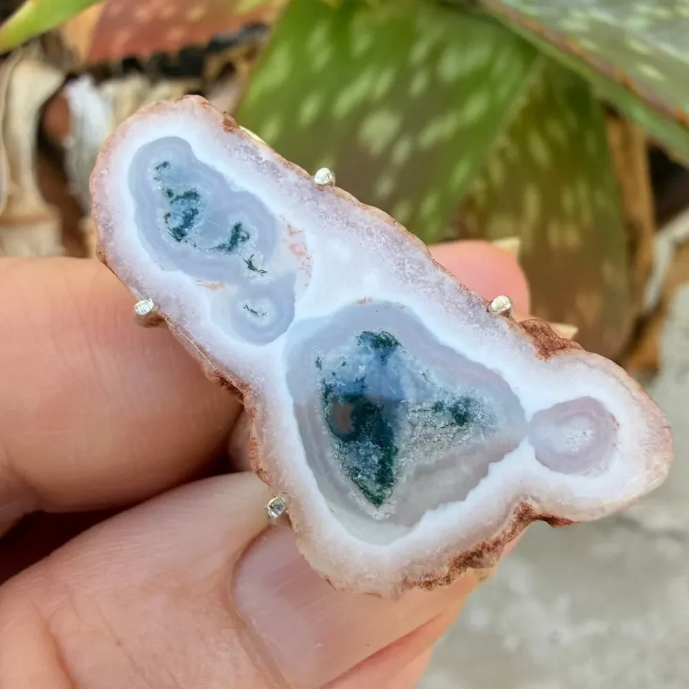 Solar Quartz Slice Druzy Ring 925 Silver Overlay Size 9, Tree Agate Ring